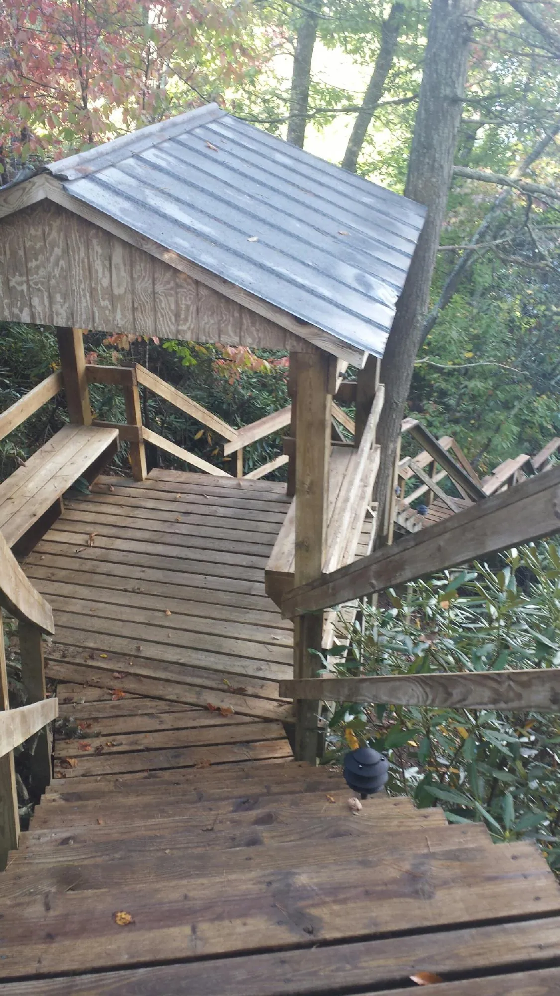 Metal roofed shelter over wooden steps on a wooded walkway — Skylight Repair & Installation work by our crew in Schneider